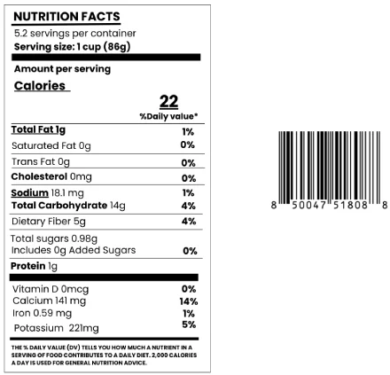 Nopal nutrition facts and barcode 