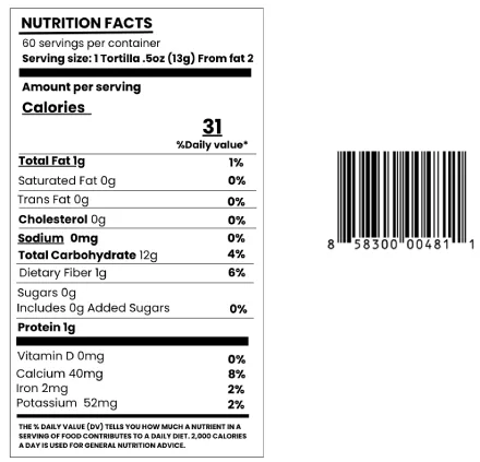 Nutrition facts label and barcode for Sanos Street Taco Yellow Corn Tortillas – authentic Mexican corn tortillas.