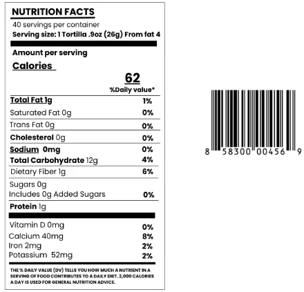 Nutrition facts label and barcode for Sano’s Stone Ground White Corn Tortillas – authentic Mexican tortillas made with 100% stone-ground corn.