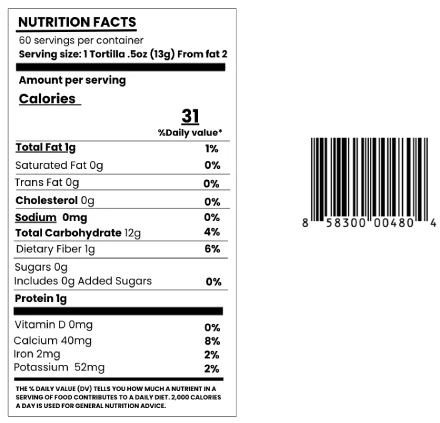 Street tacos white corn tortillas- nutrition facts image. 