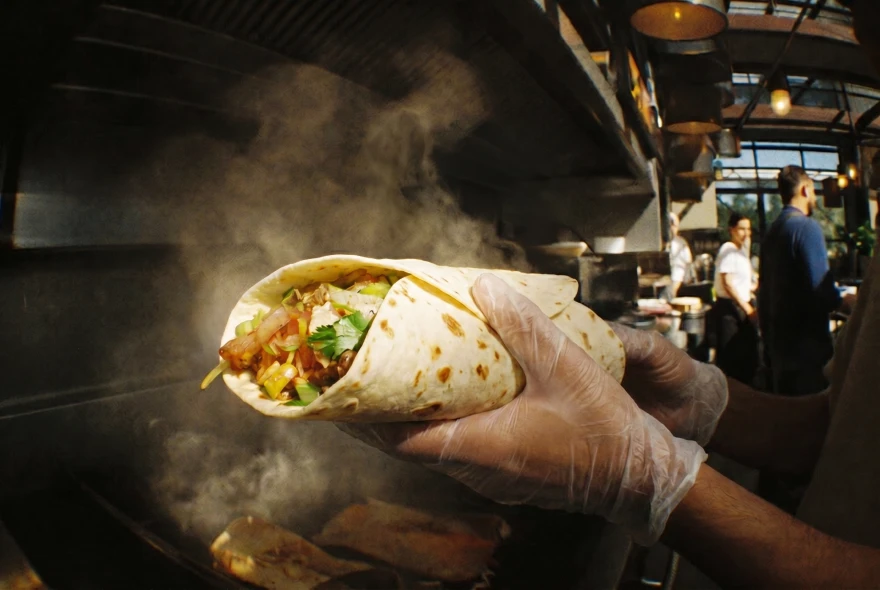 Flour tortilla burrito prepared in a commercial foodservice kitchen