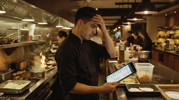 Restaurant chef reviewing kitchen inventory and tortilla supply operations during service