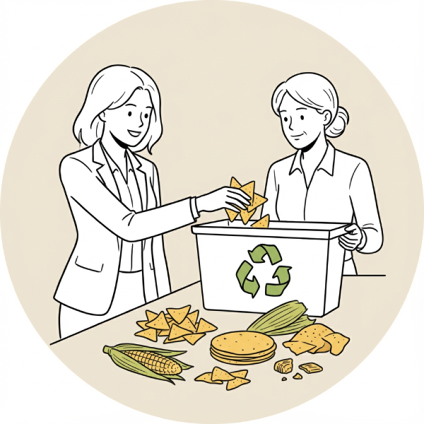 Illustration showing food waste reduction through proper sorting of food scraps and reusable ingredients