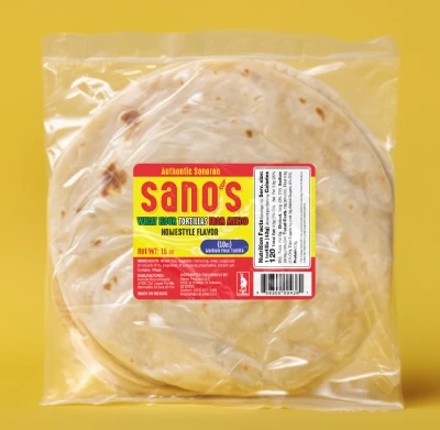 Package of Sonoran wheat flour tortillas – authentic Mexican homestyle flavor. Produced by Orendain Brands