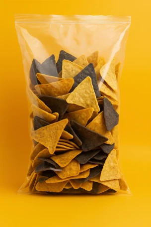 tri color Mexican corn tortilla chips made from yellow white and blue corn in a clear bag