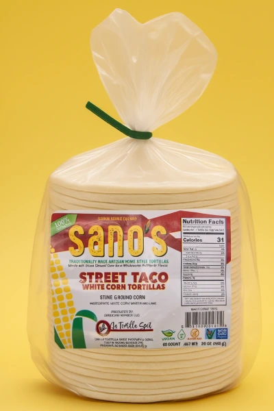 Packaged Sanos white corn tortillas, gluten free, low fat, 60 count, street taco size