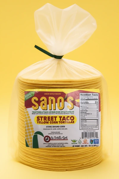 Packaged Sanos yellow corn tortillas, gluten free, low fat, 60 count, street taco size
