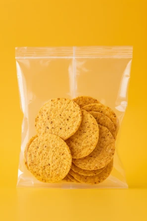 yellow round tortilla 2oz corn chips made from Mexican corn in a clear retail bag