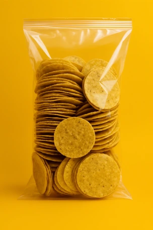 Yellow round tortilla chips by Sanos snacks made from non-GMO corn. Produced by Orendain Brands, tortilleria manufacturer in Phoenix, Arizona.