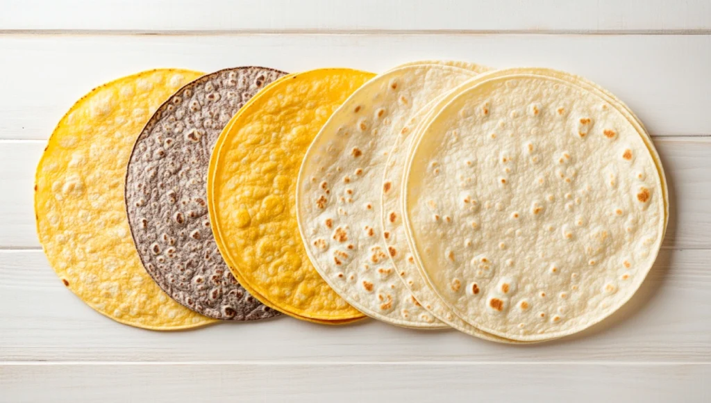 White, yellow, and blue corn tortillas displayed alongside flour tortillas on a light surface