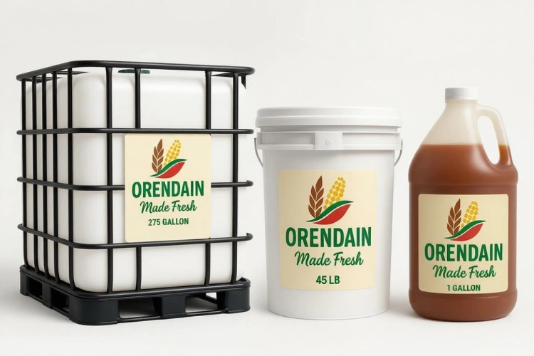 Three institutional sauce packaging formats including 275-gallon tote, 45 lb bucket, and 1 gallon container