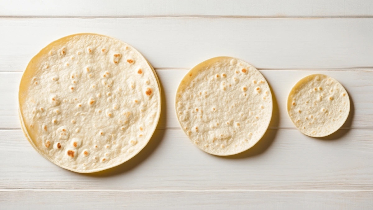 Three different sizes of Sonoran-style flour tortillas displayed on a white surface