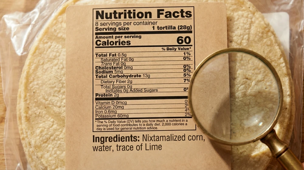 Nutrition label showing nixtamalized corn listed as an ingredient in corn tortillas