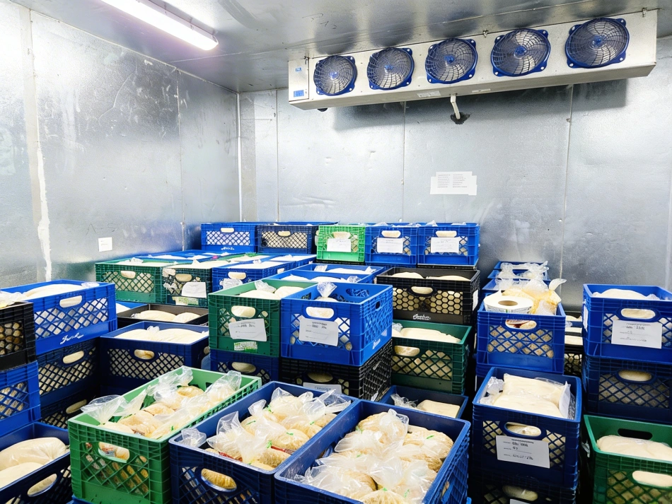 Food products stored in labeled crates inside a commercial cold storage facility