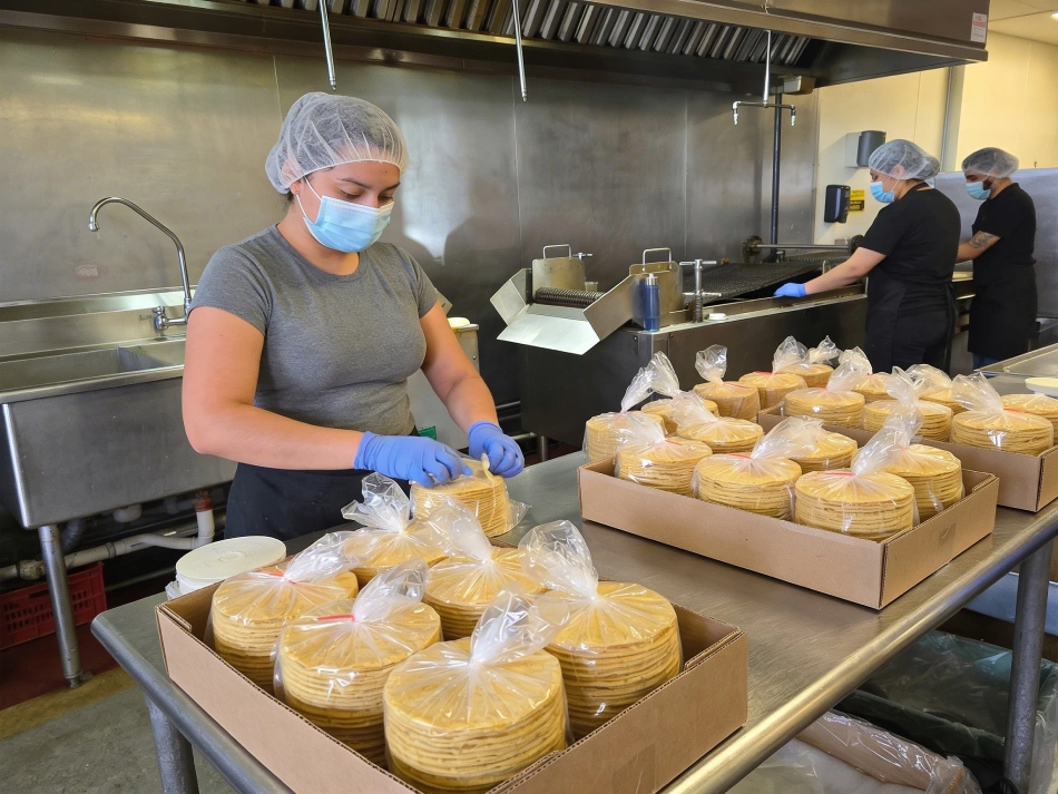 Workers packaging corn tortillas in a commercial food production facility