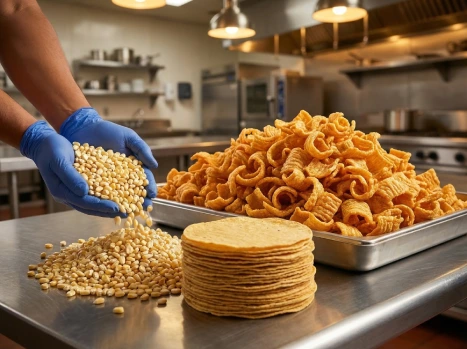 corn kernels, tortillas, and fried corn snacks in commercial kitchen for private label food manufacturing