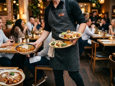 Restaurant staff serving multiple plated meals to customers in a dining environment
