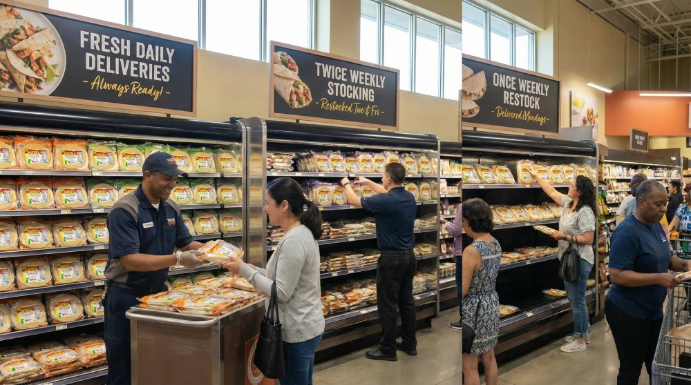 Fresh tortillas without preservatives being stocked and sold in a supermarket display