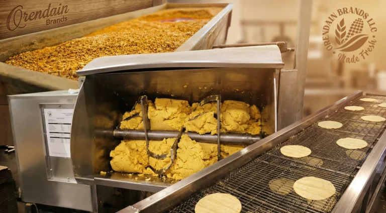 Nixtamalized corn masa being processed into fresh corn tortillas on a production line