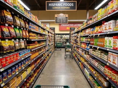 grocery store aisle with Hispanic food products displayed on retail shelves