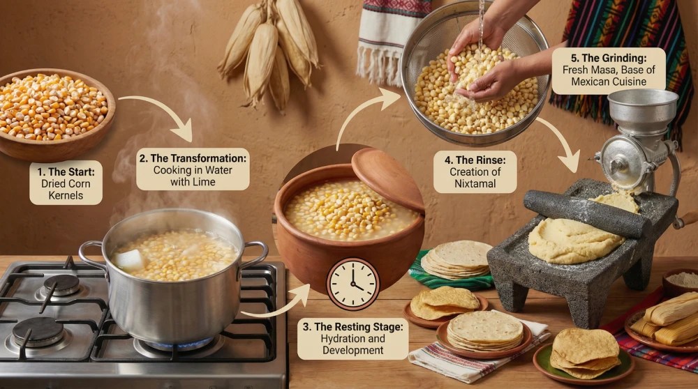 Illustration showing the steps of the nixtamalization process from dried corn to fresh masa