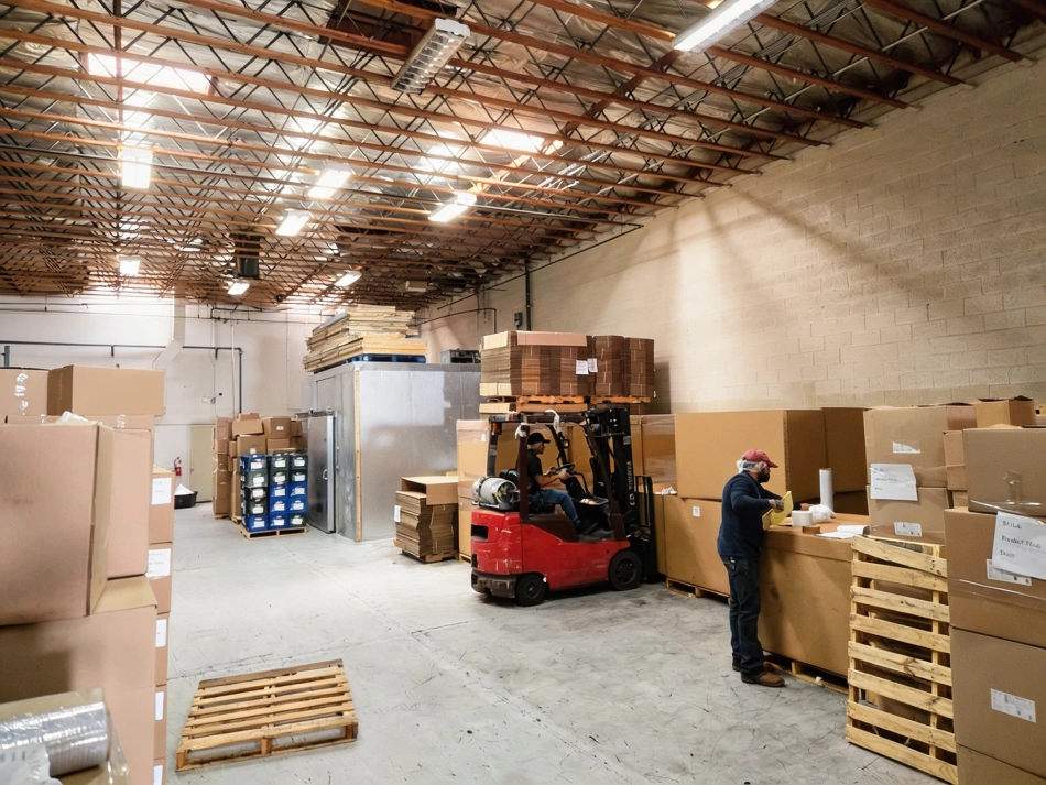 Workers managing pallets and inventory in a commercial warehouse using a forklift