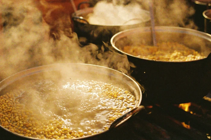 Corn cooking during the traditional nixtamalization process for tortilla production