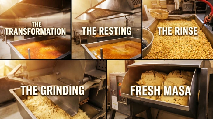 Traditional nixtamalization process showing corn cooking, resting, rinsing, grinding, and fresh masa production