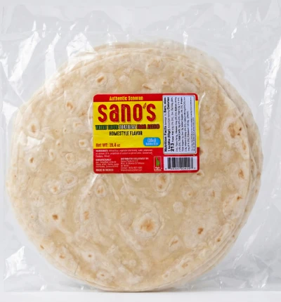 Large wheat flour tortillas burrito size 10 count packaged in a plastic bag, authentic Sonoran style flour tortillas