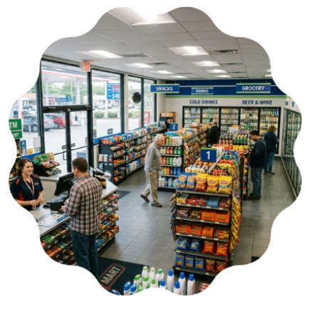 Convenience store interior displaying snack and grocery products representing supply to C-store retail locations