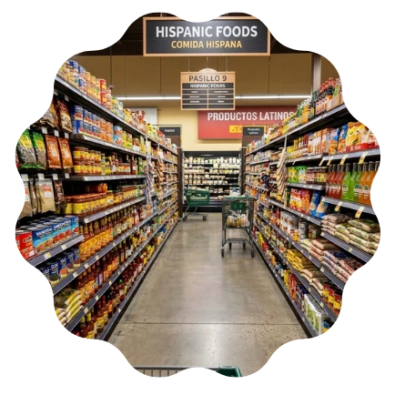 Hispanic food products displayed in a retail grocery store aisle representing supermarket distribution and retail channel operations