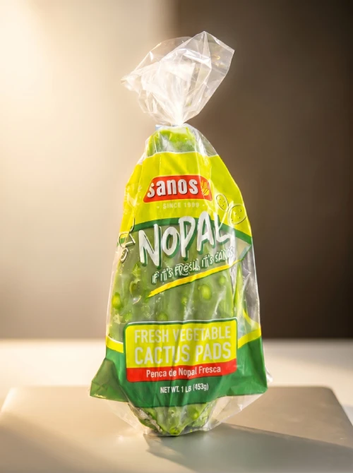 Packaged fresh nopales whole cactus pads ready for commercial food distribution
