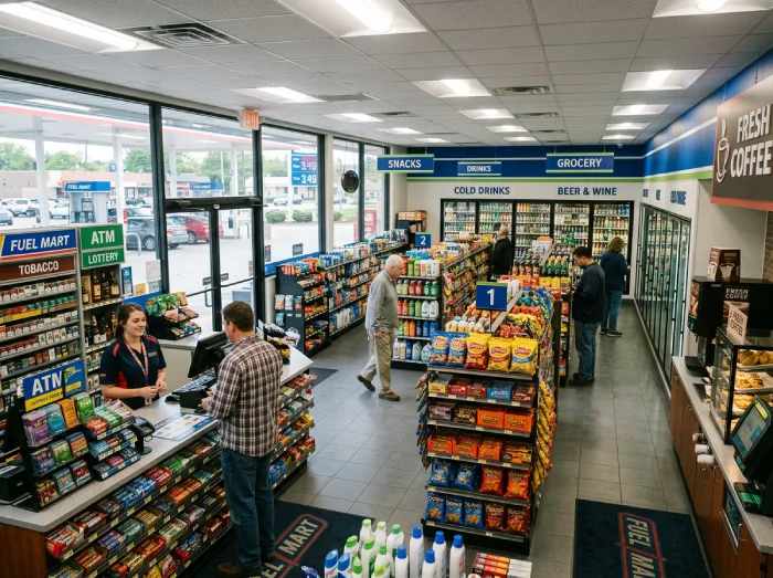 Convenience store interior with snack, drink, and grocery sections near checkout counter