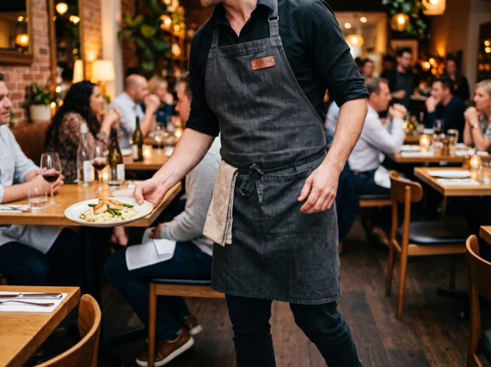 Restaurant server carrying a plated scallop and risotto dish through a busy dining room