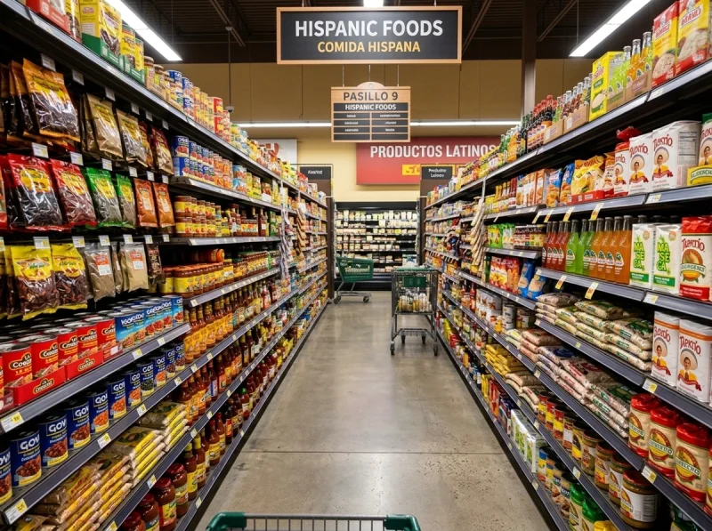 Grocery store aisle featuring Hispanic foods section with packaged snacks, sauces, and pantry staples