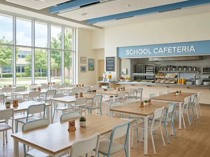Bright school cafeteria with serving counter and rows of dining tables