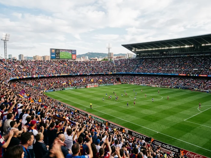 Packed stadium crowd watching a live soccer match from the stands